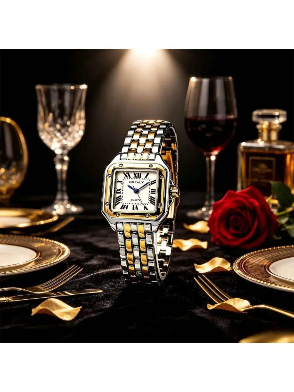 Women's Silver Gold White Crystal Roman Dial Bangle Stainless Steel  Wristwatch
